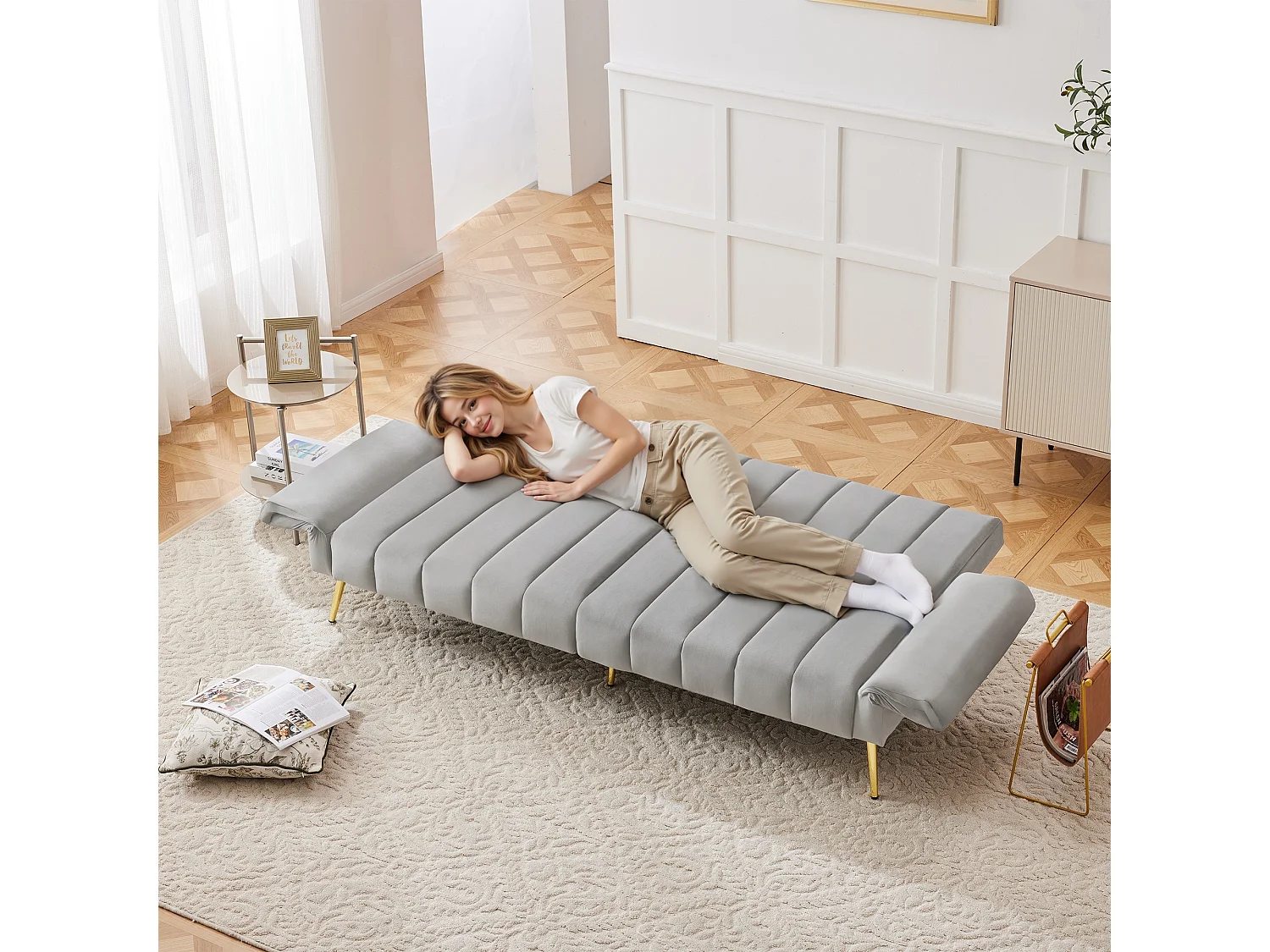 Modernes Zweisitzer-Schlafsofa aus Samt, klappbar mit Hilfsfüßen & Erklärvideo. Platzsparend für Wohnzimmer, Schlafzimmer, Gästezimmer & Heimkino.