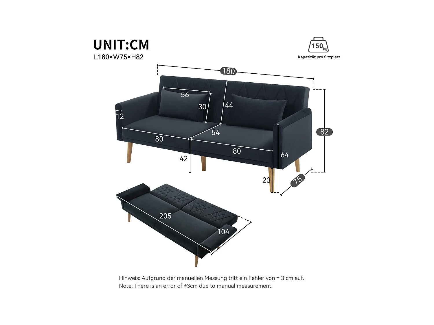 Klappbares Samtsofa mit Schlaffunktion. Platzsparendes Gästebett für kleine Räume, Wohnzimmer, Schlafzimmer & Heimkino.