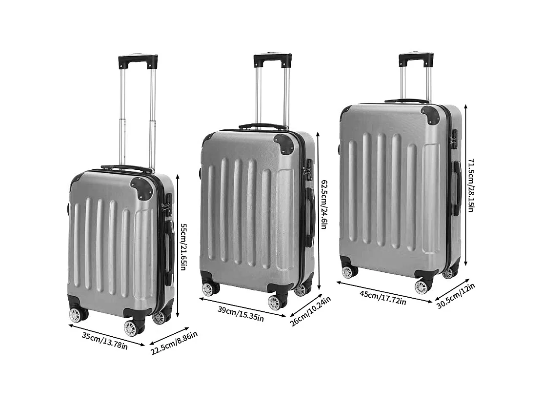 Valise de voyage ABS avec 4 roulettes pivotantes - Lot de 3 tailles