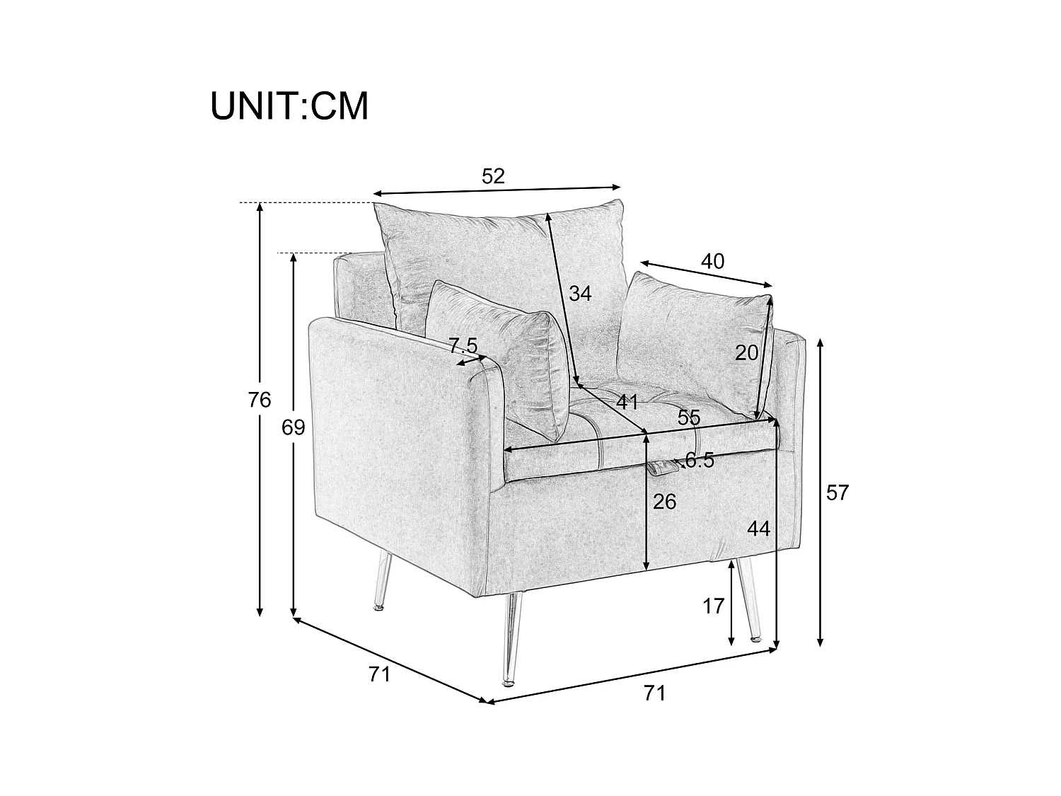Moderne fluwelen fauteuil met opbergruimte, inclusief sierkussens, gouden metalen poten, minimalistische loungestoel met armleuningen voor de woonkamer