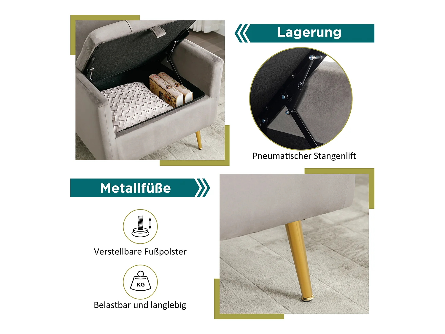 Moderne fluwelen fauteuil met opbergruimte, inclusief sierkussens, gouden metalen poten, minimalistische loungestoel met armleuningen voor de woonkamer