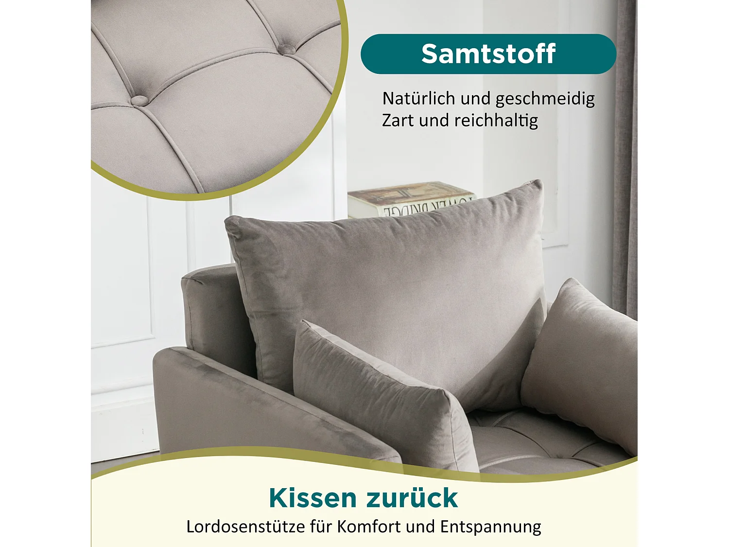 Fauteuil moderne en velours avec rangement, comprenant des coussins décoratifs, pieds en métal doré, chaise longue minimaliste avec accoudoirs pour le salon