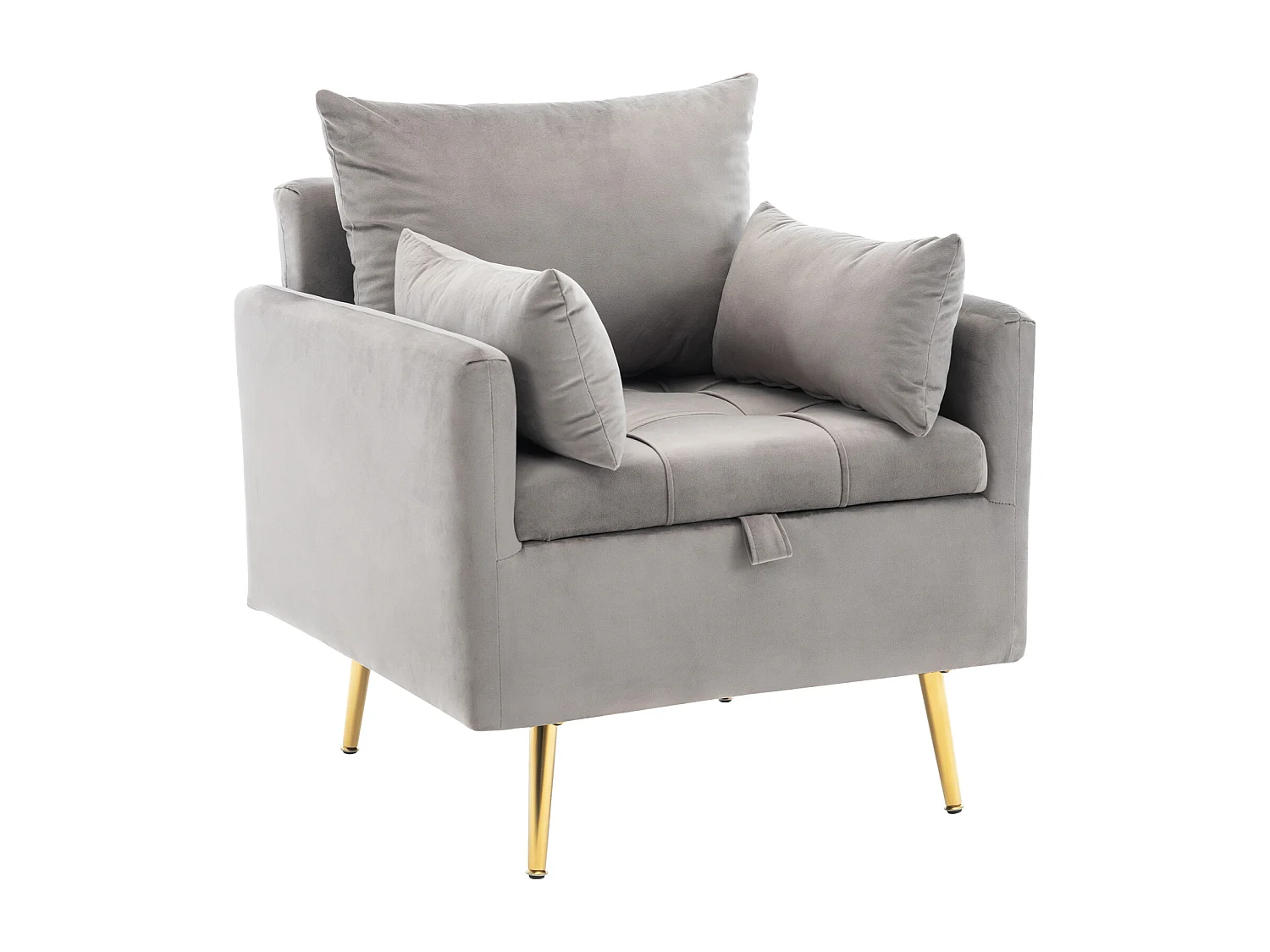 Fauteuil moderne en velours avec rangement, comprenant des coussins décoratifs, pieds en métal doré, chaise longue minimaliste avec accoudoirs pour le salon