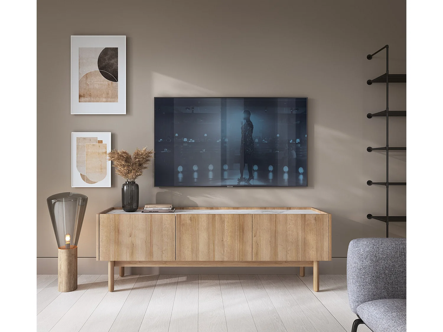 Meuble TV 3 portes en bois lamellé 144x48 cm