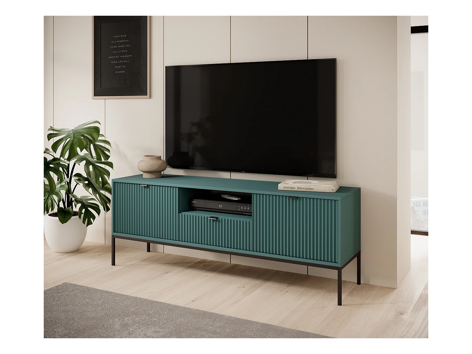 Meuble TV 2 portes, 1 tiroir avec pieds en métal noir, 154x56 cm