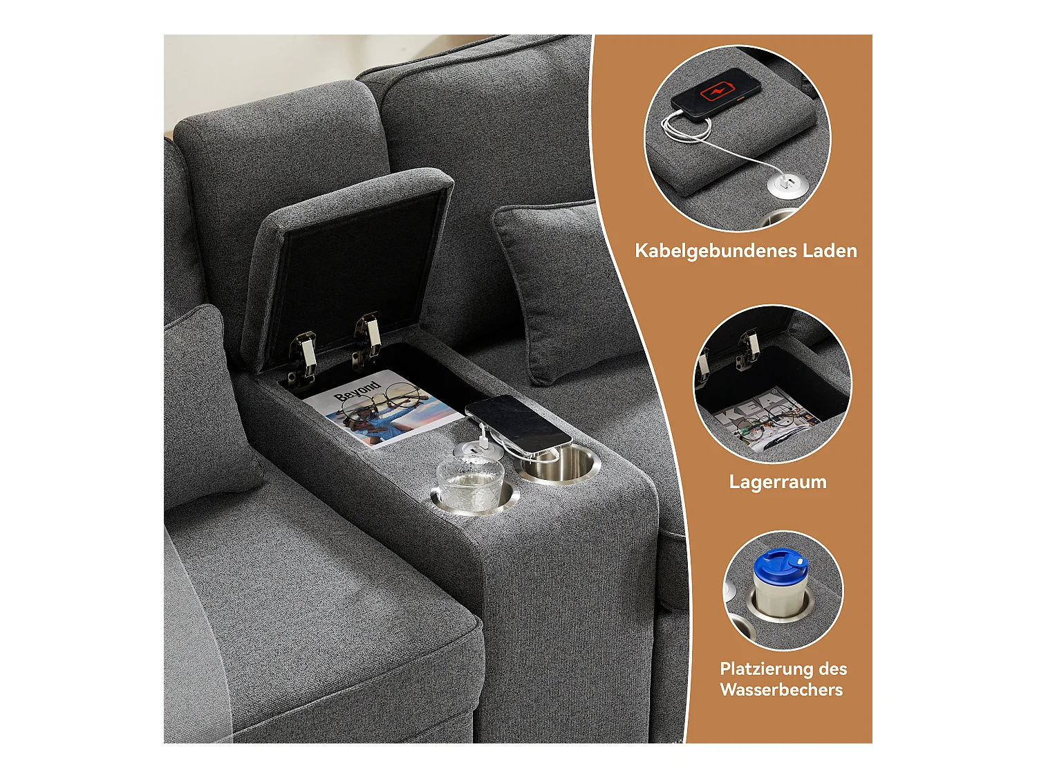 Canapé 4 places moderne en lin avec console, porte-gobelets et ports USB. Accoudoirs et coussins inclus. Idéal pour le salon, l'appartement ou le bureau.