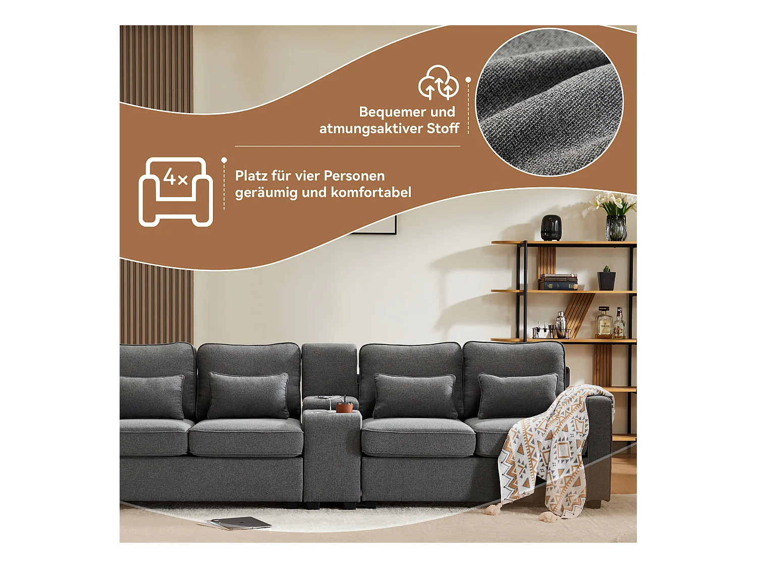 Canapé 4 places moderne en lin avec console, porte-gobelets et ports USB. Accoudoirs et coussins inclus. Idéal pour le salon, l'appartement ou le bureau.