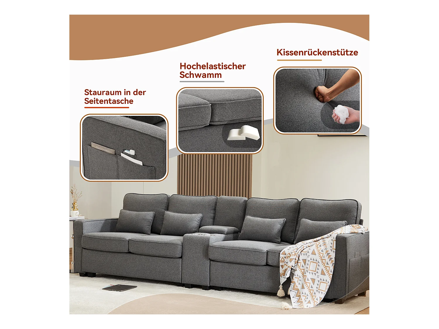 Canapé 4 places moderne en lin avec console, porte-gobelets et ports USB. Accoudoirs et coussins inclus. Idéal pour le salon, l'appartement ou le bureau.