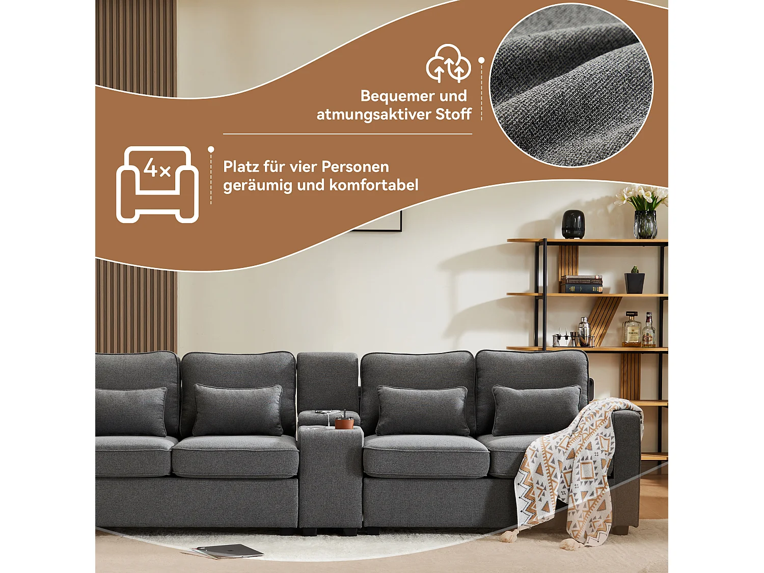 Canapé 4 places moderne en lin avec console, porte-gobelets et ports USB. Accoudoirs et coussins inclus. Idéal pour le salon, l'appartement ou le bureau.