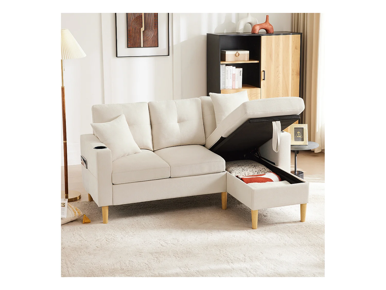 Divano a L con chaise longue e vano contenitore. 3 posti con portabicchieri e 2 cuscini. Per soggiorno, ufficio o appartamento. Con video.