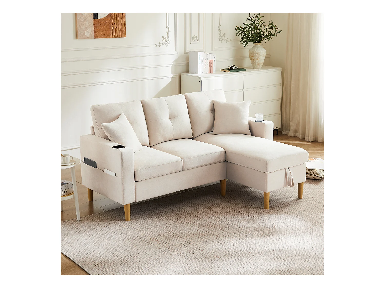 Divano a L con chaise longue e vano contenitore. 3 posti con portabicchieri e 2 cuscini. Per soggiorno, ufficio o appartamento. Con video.