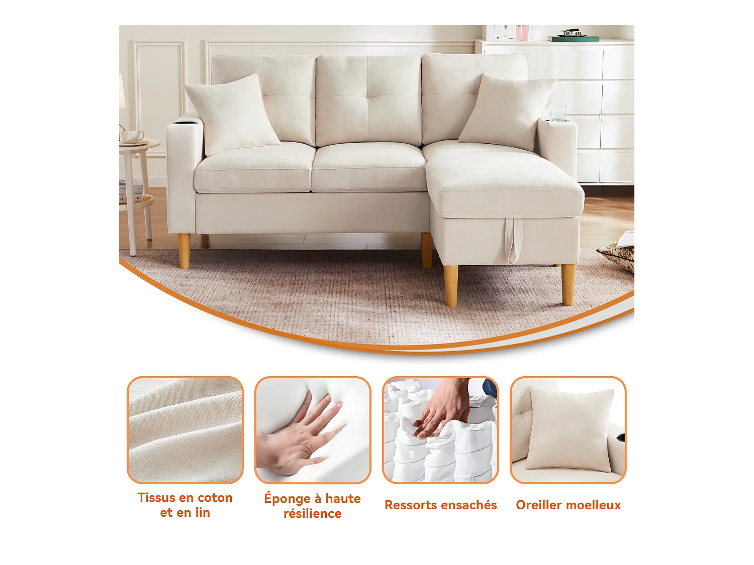 Divano a L con chaise longue e vano contenitore. 3 posti con portabicchieri e 2 cuscini. Per soggiorno, ufficio o appartamento. Con video.