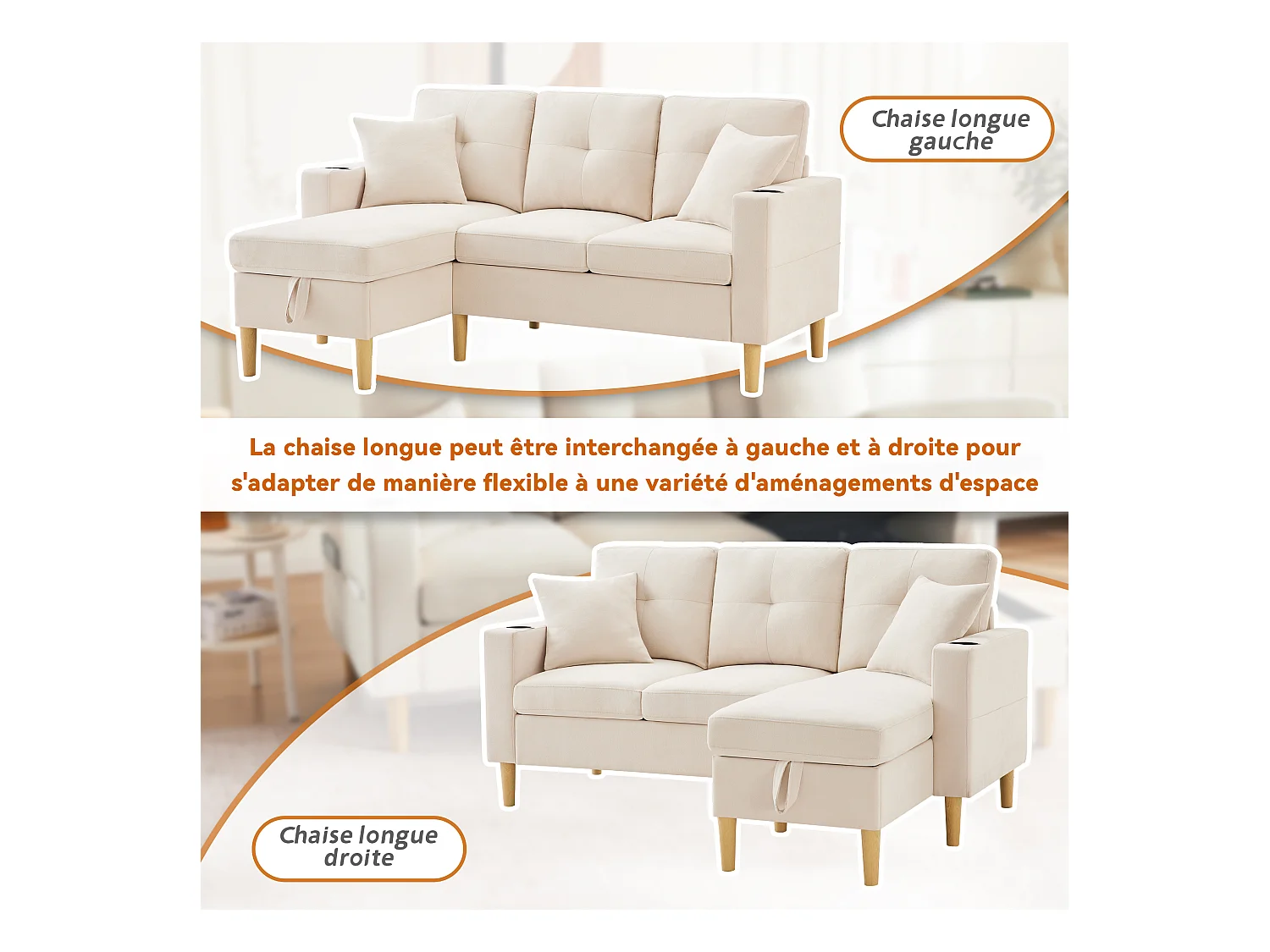 Divano a L con chaise longue e vano contenitore. 3 posti con portabicchieri e 2 cuscini. Per soggiorno, ufficio o appartamento. Con video.