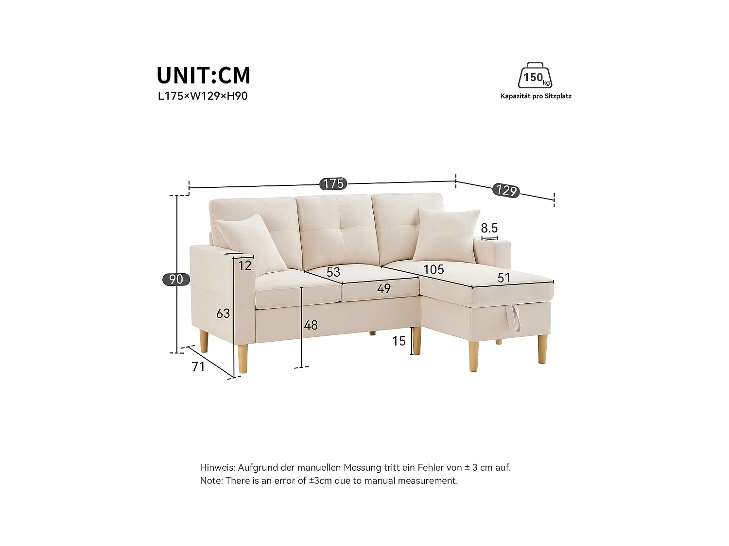 Divano a L con chaise longue e vano contenitore. 3 posti con portabicchieri e 2 cuscini. Per soggiorno, ufficio o appartamento. Con video.