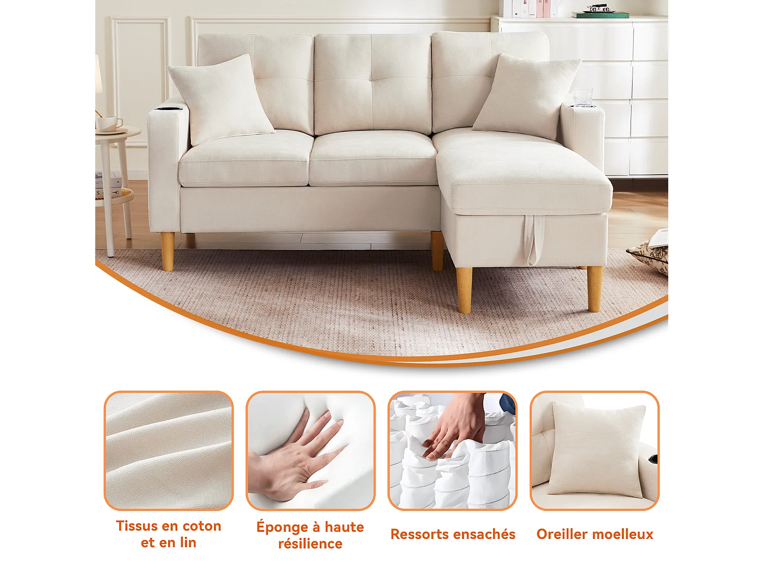 Sofá em L com chaise longue e espaço de armazenamento. 3 lugares com porta-copos e 2 almofadas. Para sala de estar, escritório ou apartamento. Com vídeo.