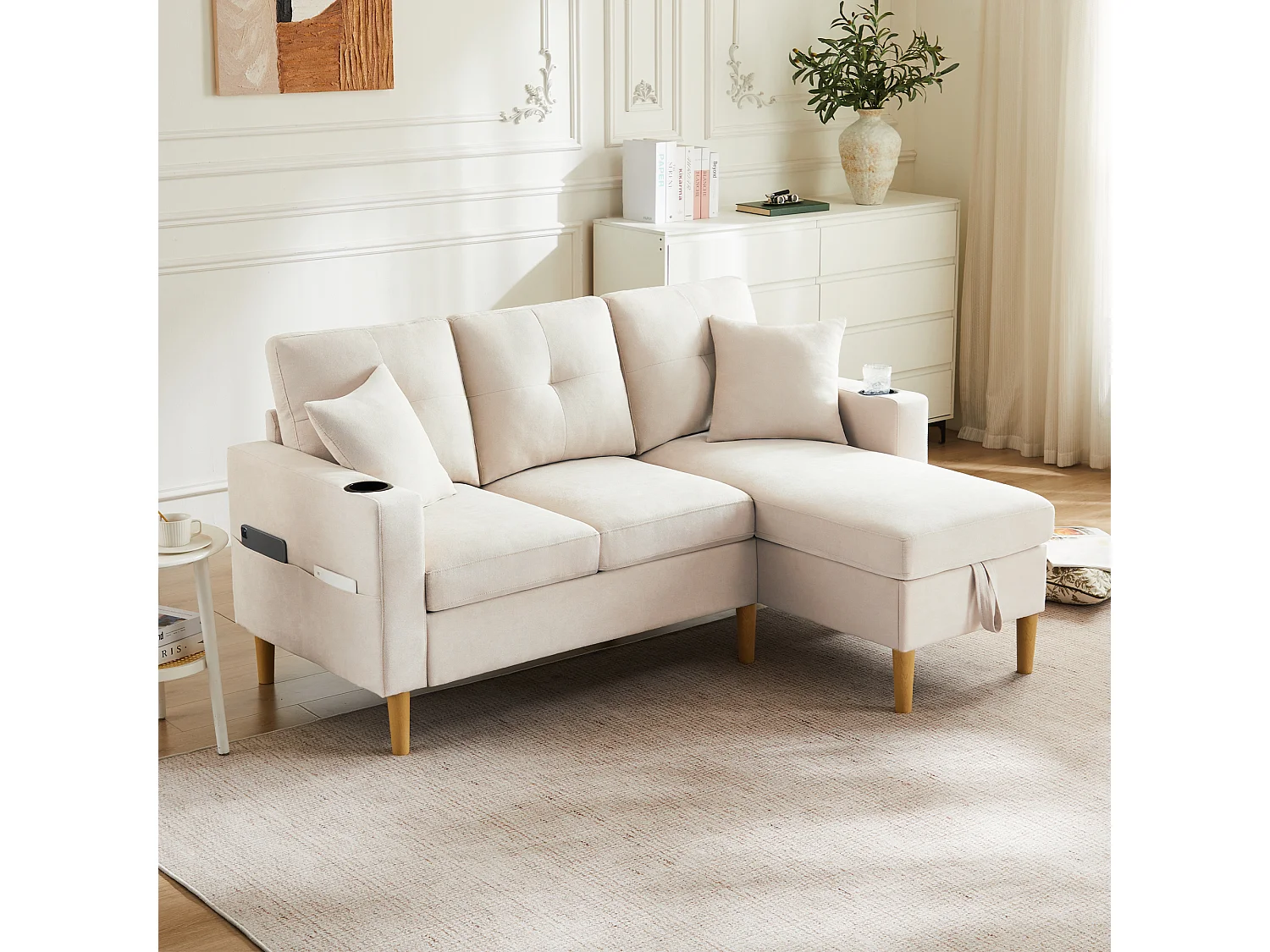 Canapé en L avec méridienne et rangement. 3 places avec porte-gobelet et 2 coussins. Pour le salon, le bureau ou l'appartement. Avec vidéo.
