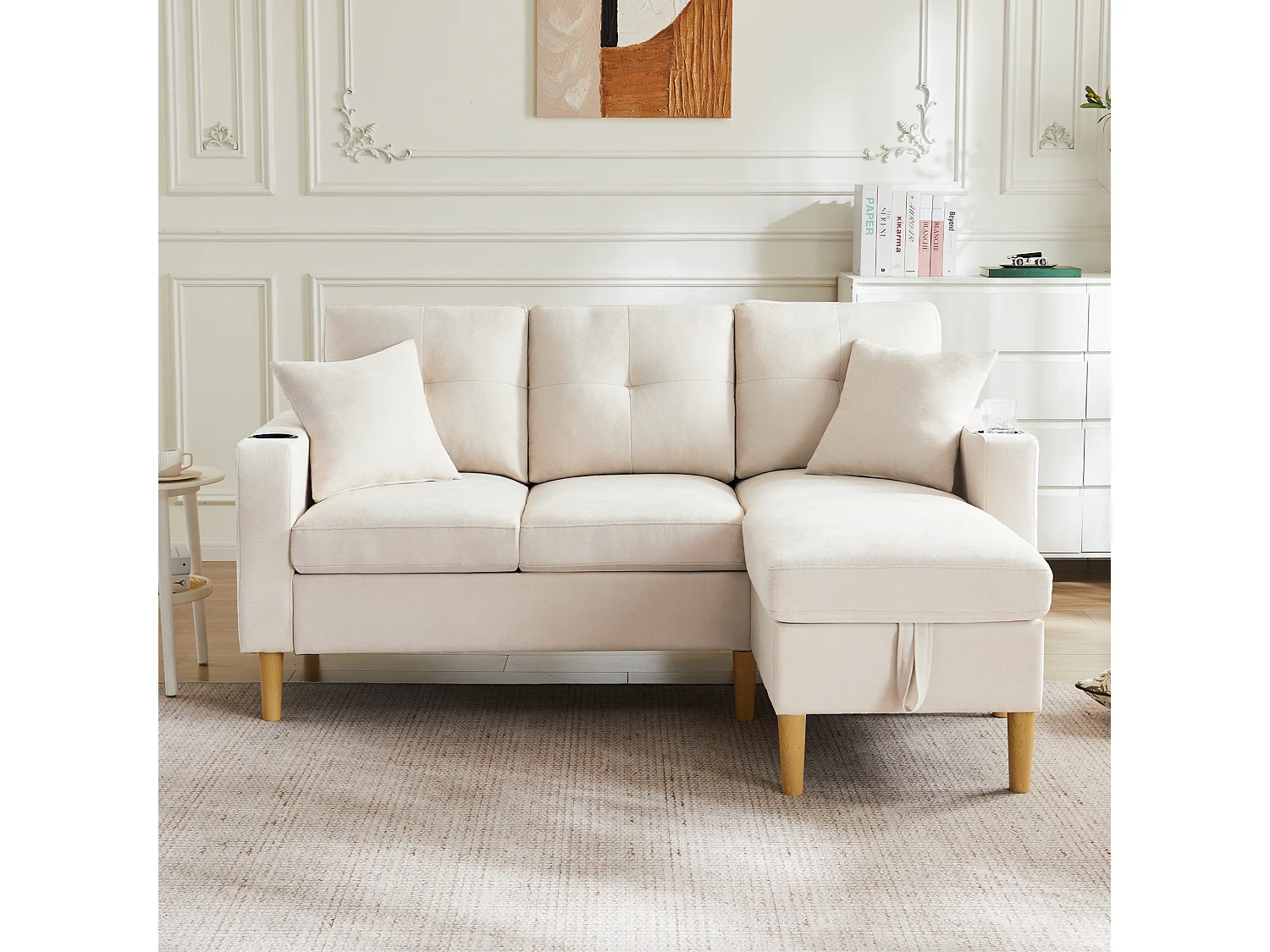 Canapé en L avec méridienne et rangement. 3 places avec porte-gobelet et 2 coussins. Pour le salon, le bureau ou l'appartement. Avec vidéo.