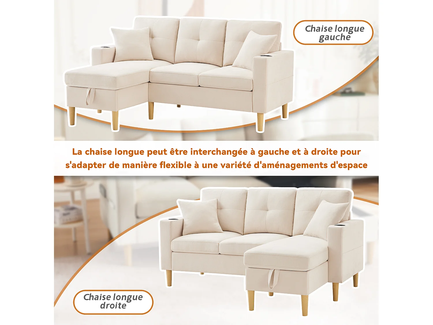 Canapé en L avec méridienne et rangement. 3 places avec porte-gobelet et 2 coussins. Pour le salon, le bureau ou l'appartement. Avec vidéo.