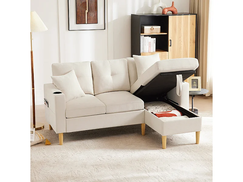 Canapé en L avec méridienne et rangement. 3 places avec porte-gobelet et 2 coussins. Pour le salon, le bureau ou l'appartement. Avec vidéo.