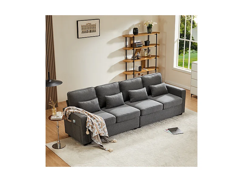 Divano moderno a 4 posti in tessuto di lino, con tasche sui braccioli e 4 cuscini, design semplice per soggiorno, appartamento o ufficio, disponibile in 3 colori