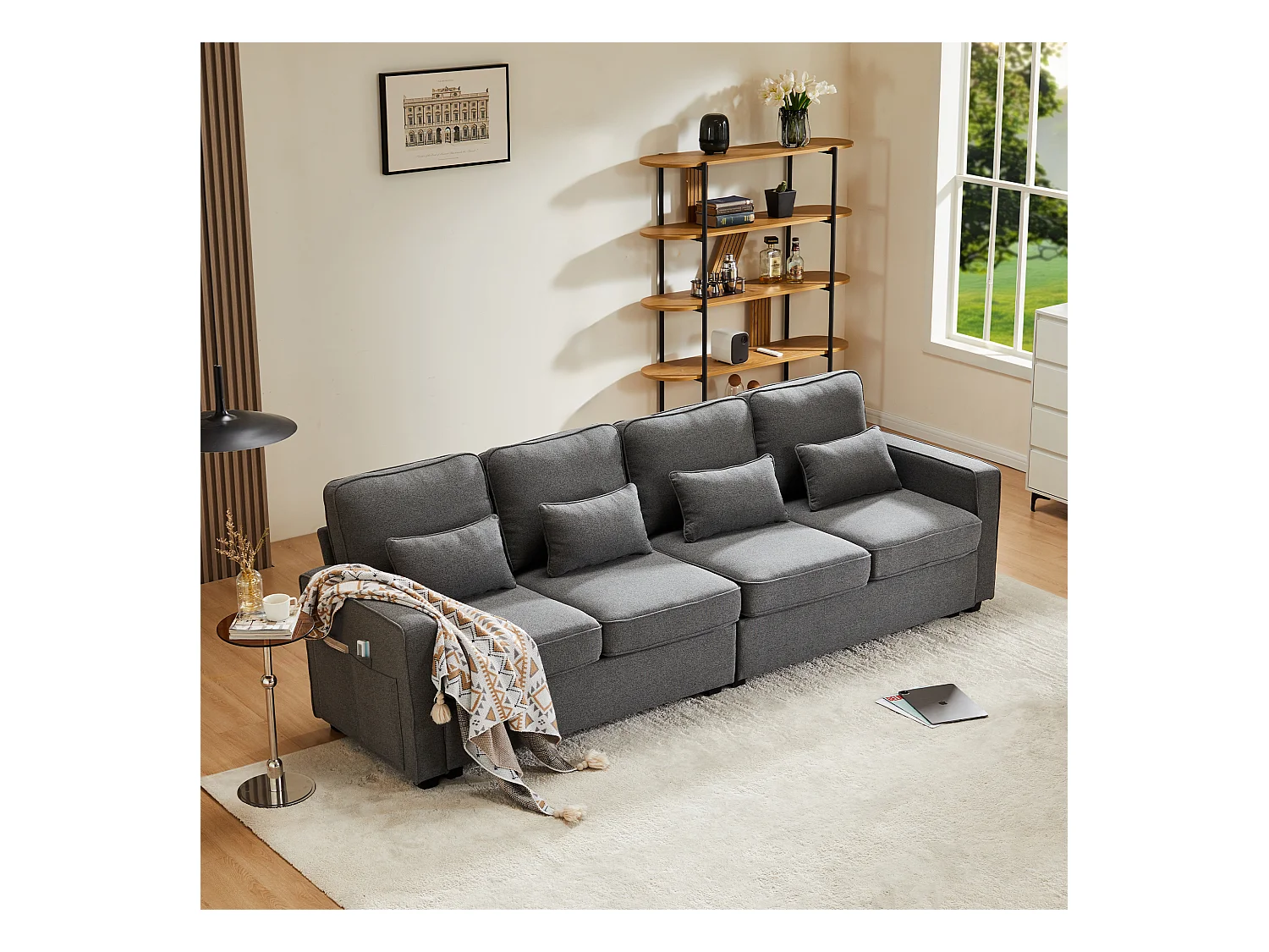 Canapé 4 places moderne en tissu lin, avec poches d'accoudoirs et 4 coussins, design simple pour salon, appartement ou bureau, disponible en 3 couleurs