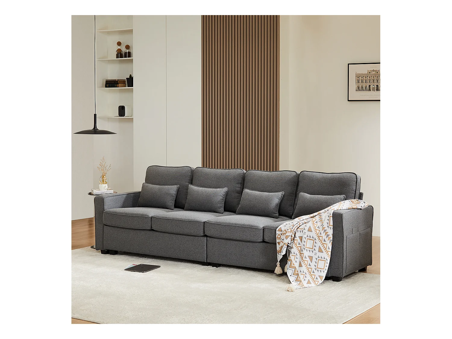 Canapé 4 places moderne en tissu lin, avec poches d'accoudoirs et 4 coussins, design simple pour salon, appartement ou bureau, disponible en 3 couleurs