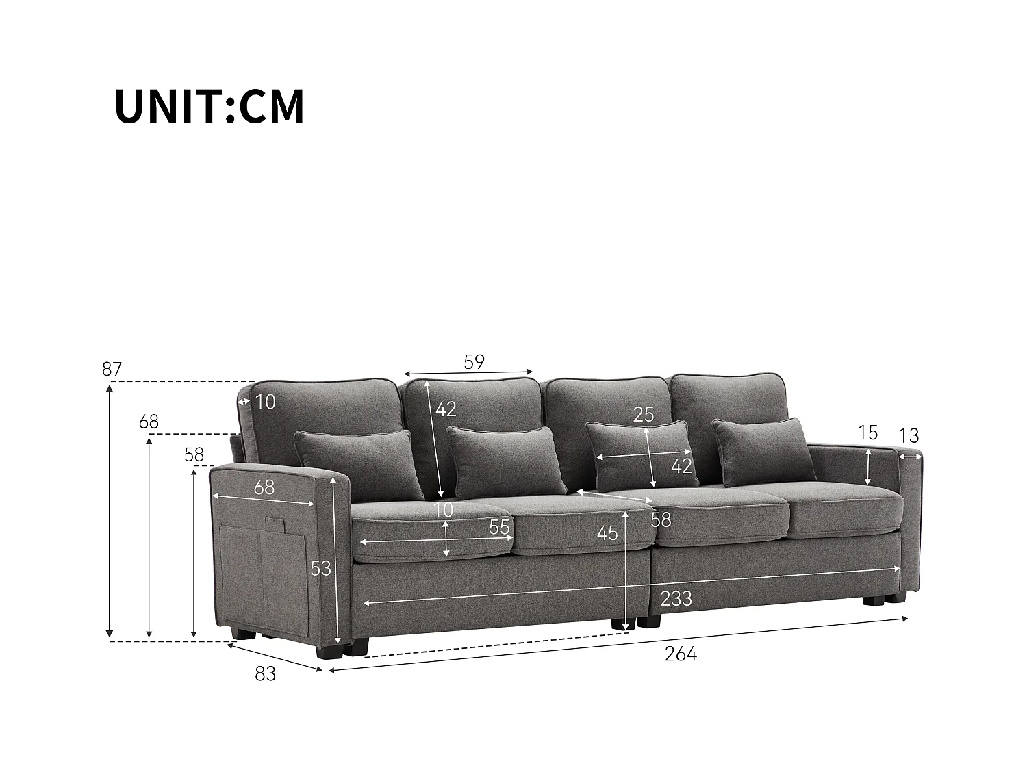 Canapé 4 places moderne en tissu lin, avec poches d'accoudoirs et 4 coussins, design simple pour salon, appartement ou bureau, disponible en 3 couleurs