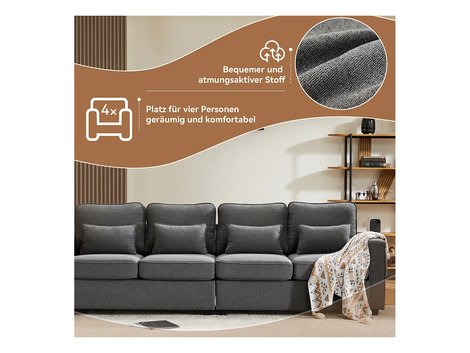 Canapé 4 places moderne en tissu lin, avec poches d'accoudoirs et 4 coussins, design simple pour salon, appartement ou bureau, disponible en 3 couleurs