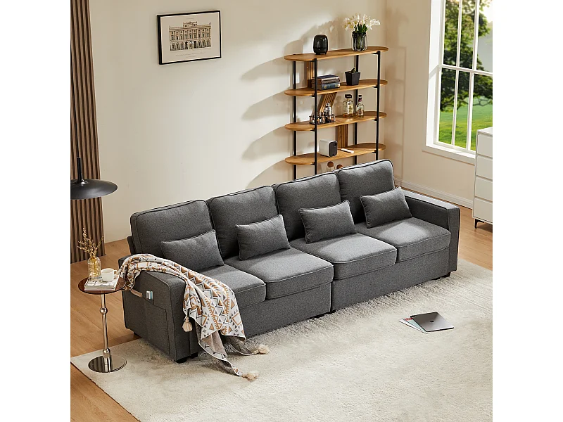 Canapé 4 places moderne en tissu lin, avec poches d'accoudoirs et 4 coussins, design simple pour salon, appartement ou bureau, disponible en 3 couleurs