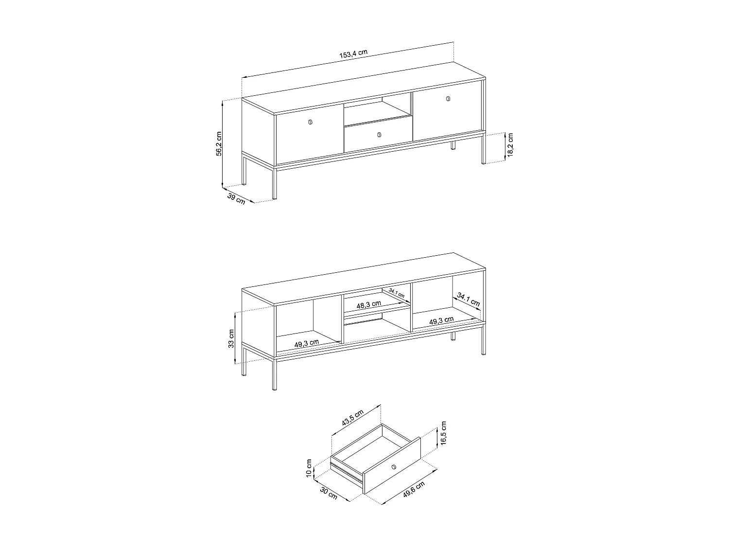 Meuble TV 2 portes, 1 tiroir avec pieds en métal noir, 154x56 cm