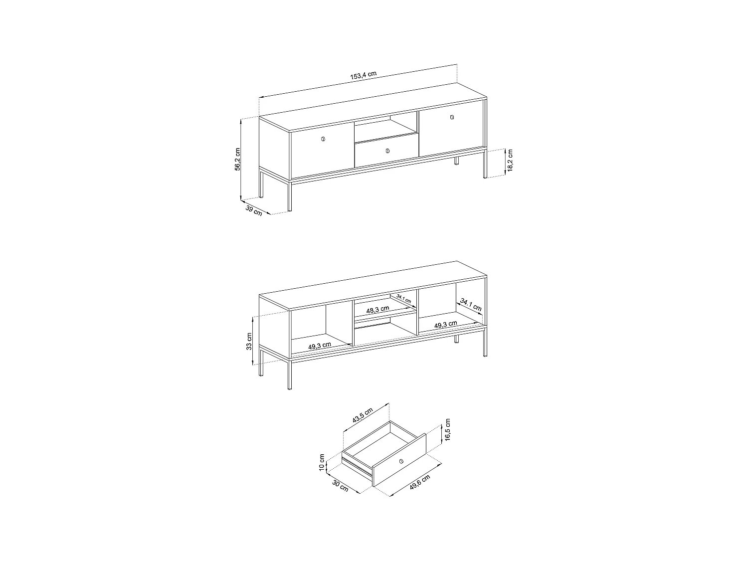 Mobile TV 2 ante 1 cassetto con piedi in metallo nero 154x56 cm