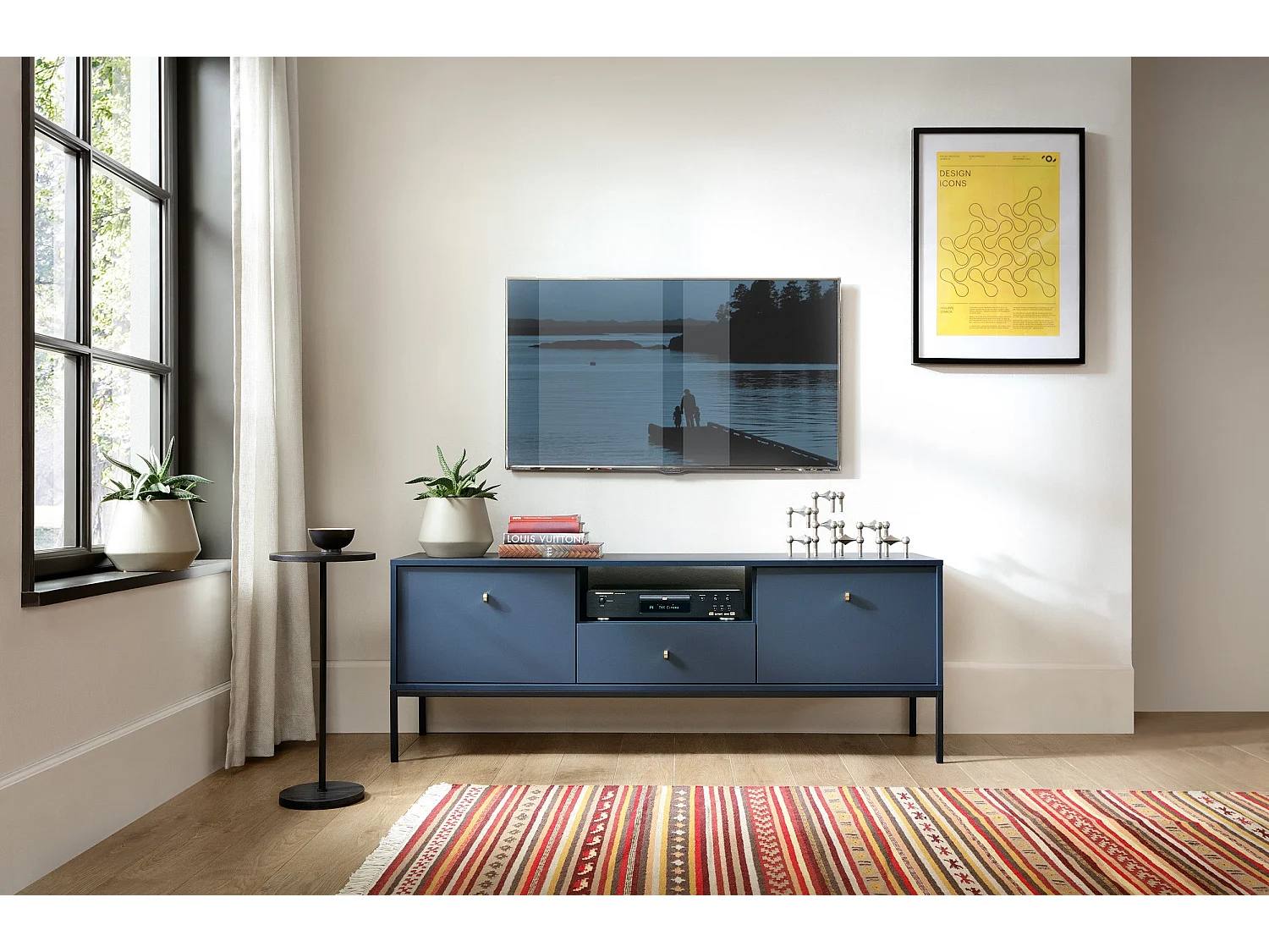 Mobile TV 2 ante 1 cassetto con piedi in metallo nero 154x56 cm