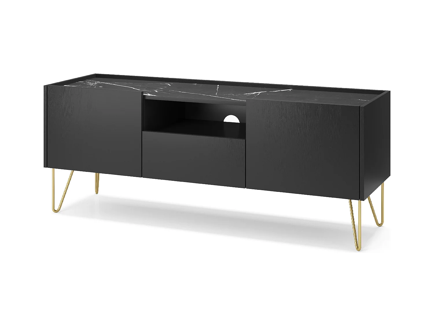 Meuble TV 2 portes, 1 tiroir avec plateau effet marbre, 144x55 cm