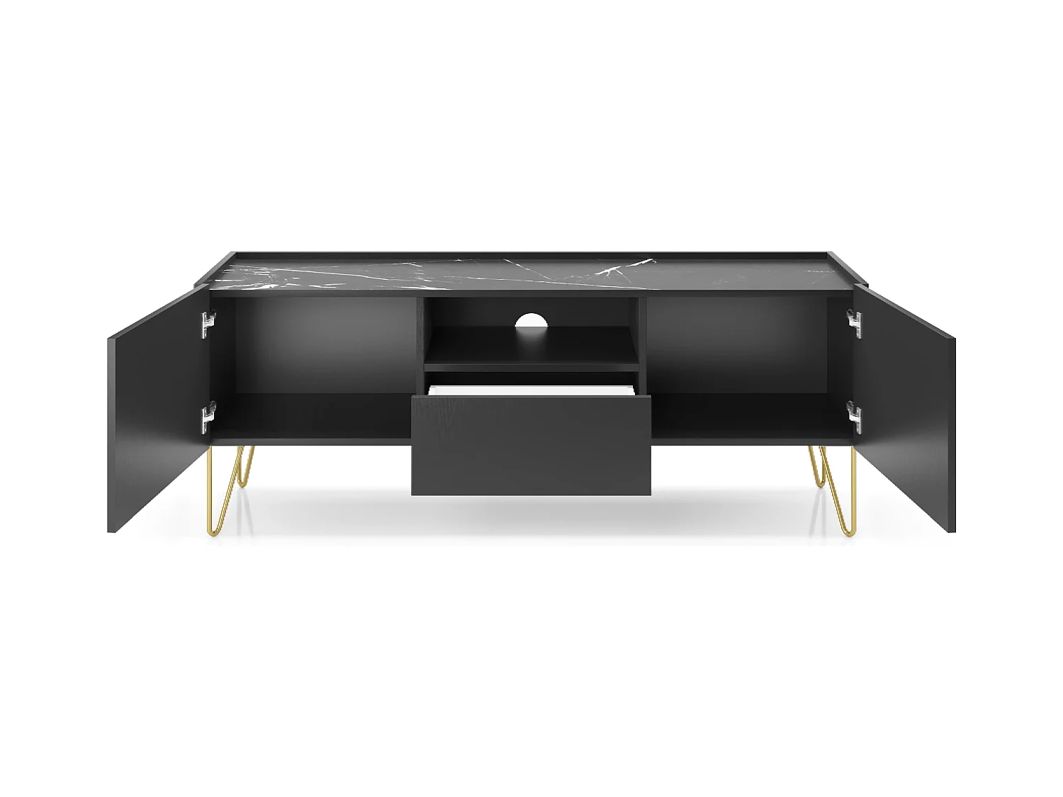 Meuble TV 2 portes, 1 tiroir avec plateau effet marbre, 144x55 cm