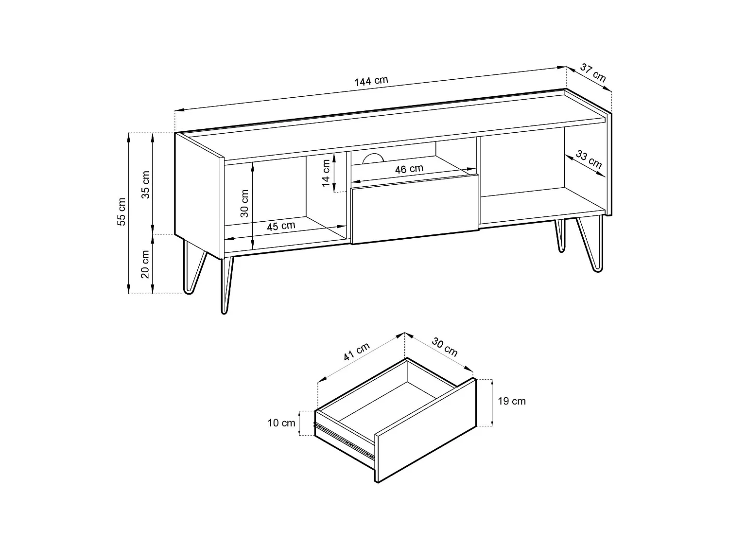 Meuble TV 2 portes, 1 tiroir avec plateau effet marbre, 144x55 cm