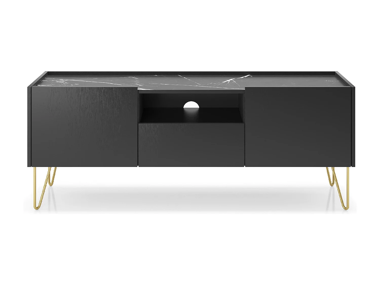 TV-Ständer mit 2 Türen und 1 Schublade, Platte in Marmoroptik, 144 x 55 cm