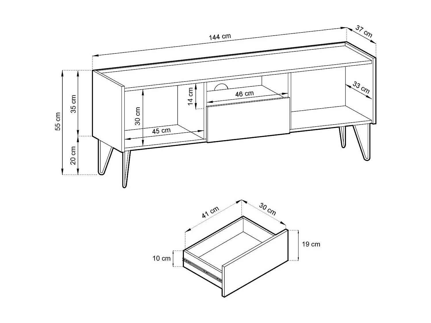 TV-Ständer mit 2 Türen und 1 Schublade, Platte in Marmoroptik, 144 x 55 cm