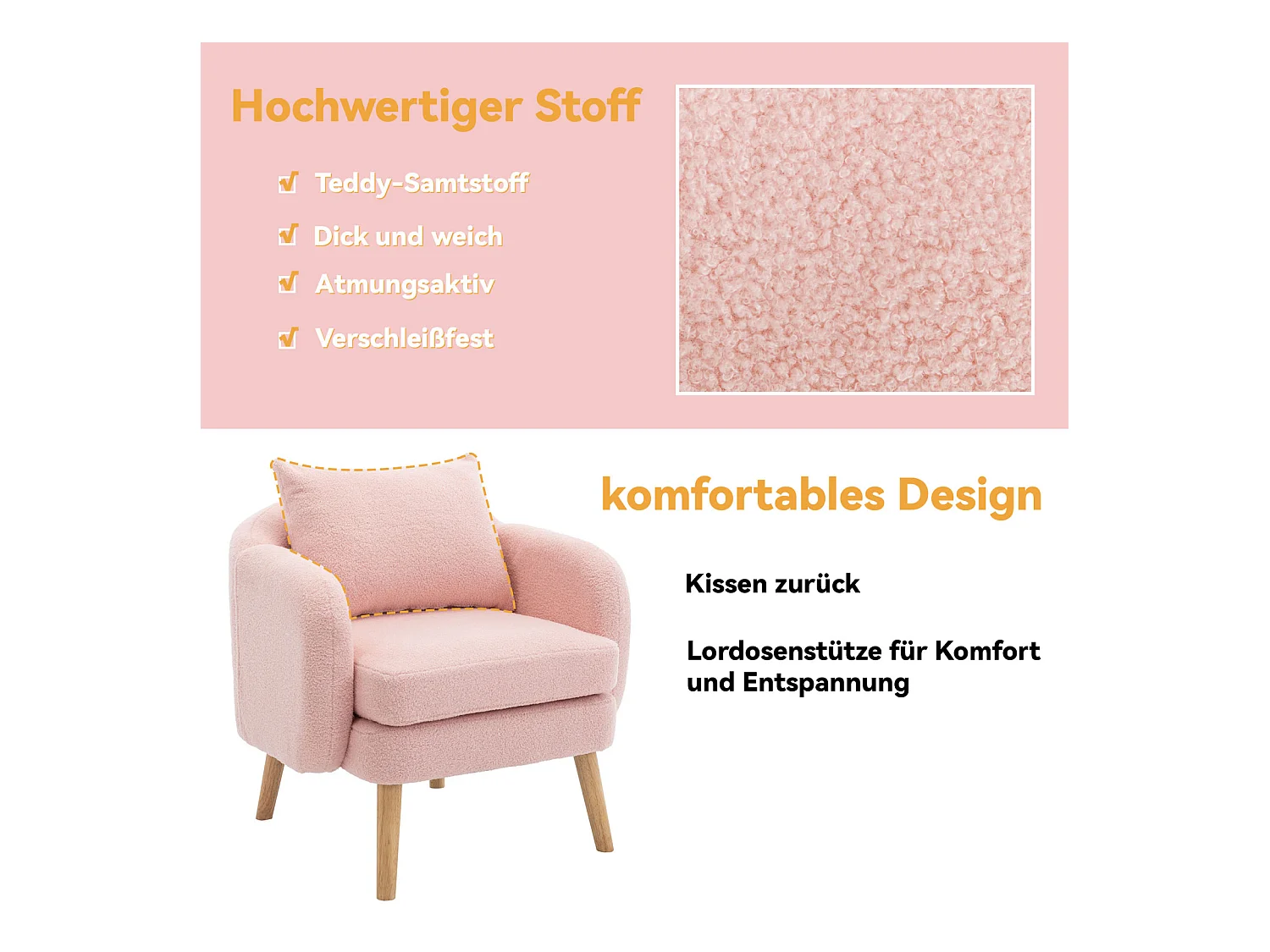 Fauteuil en velours Teddy avec coussin, rembourrage extra épais, fauteuil simple moderne avec pieds en bois massif, chaise de loisirs confortable pour le salon