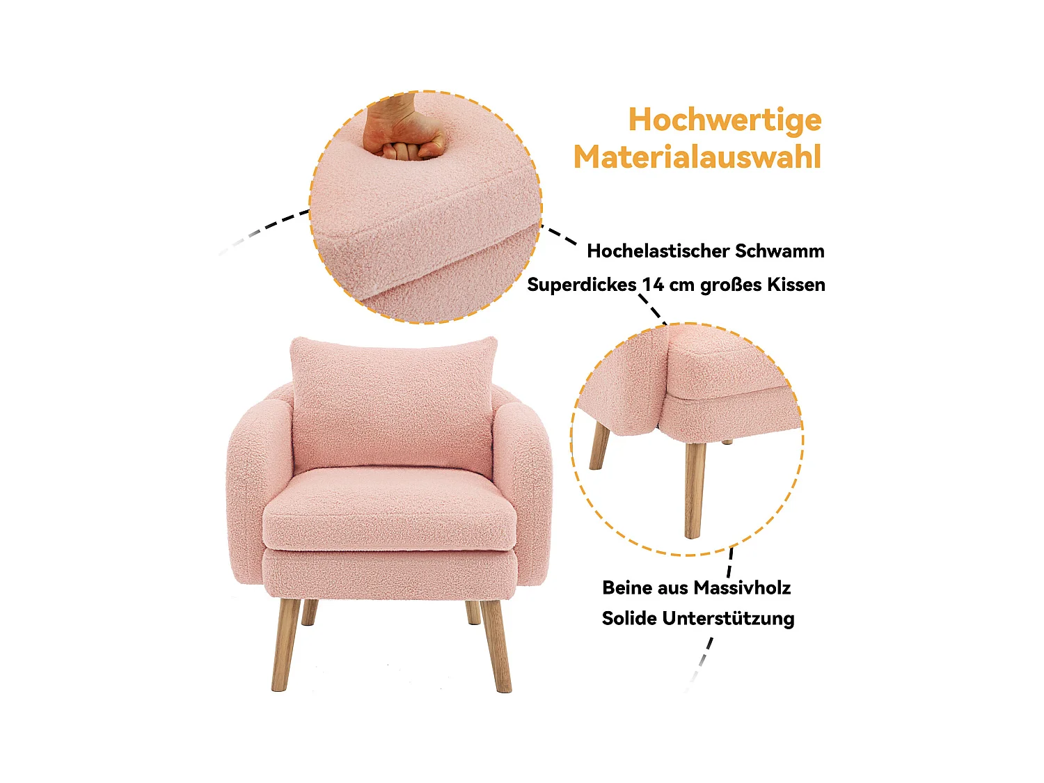 Fauteuil en velours Teddy avec coussin, rembourrage extra épais, fauteuil simple moderne avec pieds en bois massif, chaise de loisirs confortable pour le salon