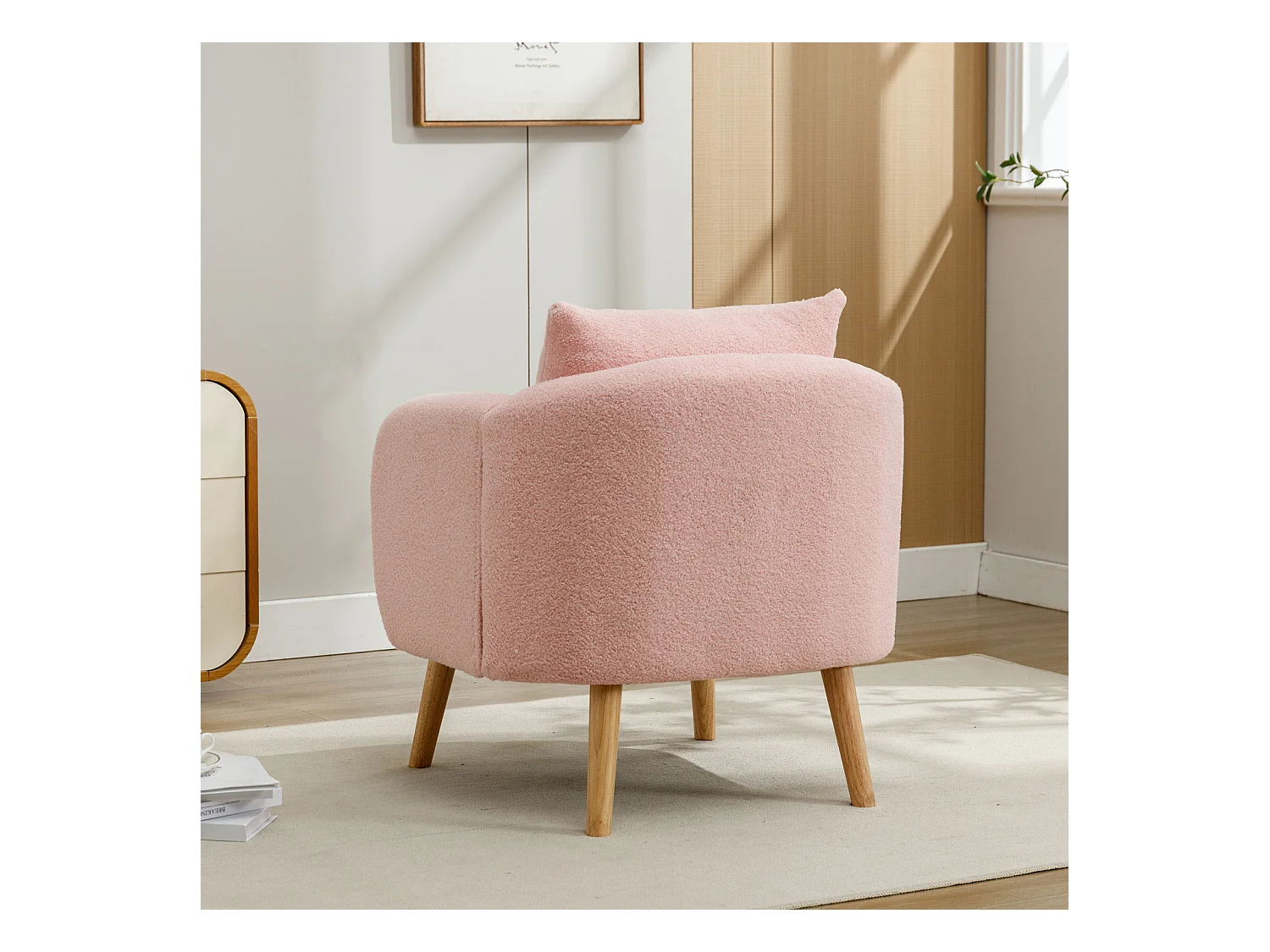 Teddy-Samt Sessel mit Kissen, extra dick gepolstert, moderner Einzelsessel mit Massivholzbeinen, bequemer Freizeitstuhl für Wohnzimmer