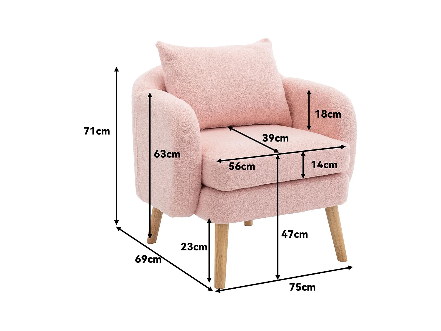 Teddy-Samt Sessel mit Kissen, extra dick gepolstert, moderner Einzelsessel mit Massivholzbeinen, bequemer Freizeitstuhl für Wohnzimmer