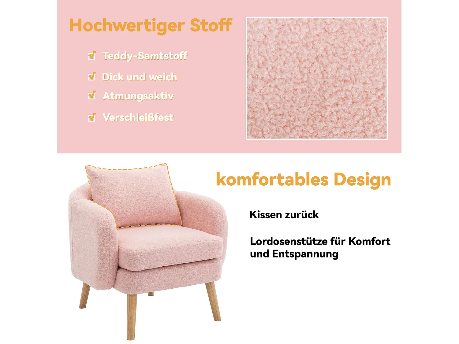 Poltrona Teddy in velluto con cuscino e gambe in legno. Imbottitura extra spessa, comoda per il soggiorno.