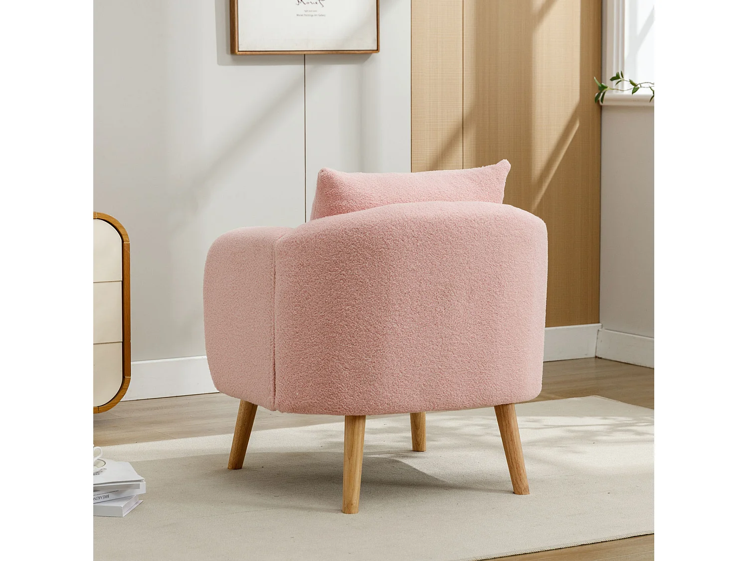 Fauteuil en velours Teddy avec coussin, rembourrage extra épais, fauteuil simple moderne avec pieds en bois massif, chaise de loisirs confortable pour le salon