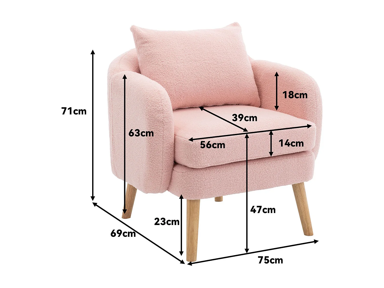 Fauteuil en velours Teddy avec coussin, rembourrage extra épais, fauteuil simple moderne avec pieds en bois massif, chaise de loisirs confortable pour le salon