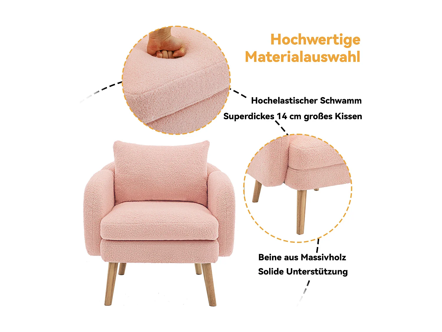 Fauteuil en velours Teddy avec coussin, rembourrage extra épais, fauteuil simple moderne avec pieds en bois massif, chaise de loisirs confortable pour le salon