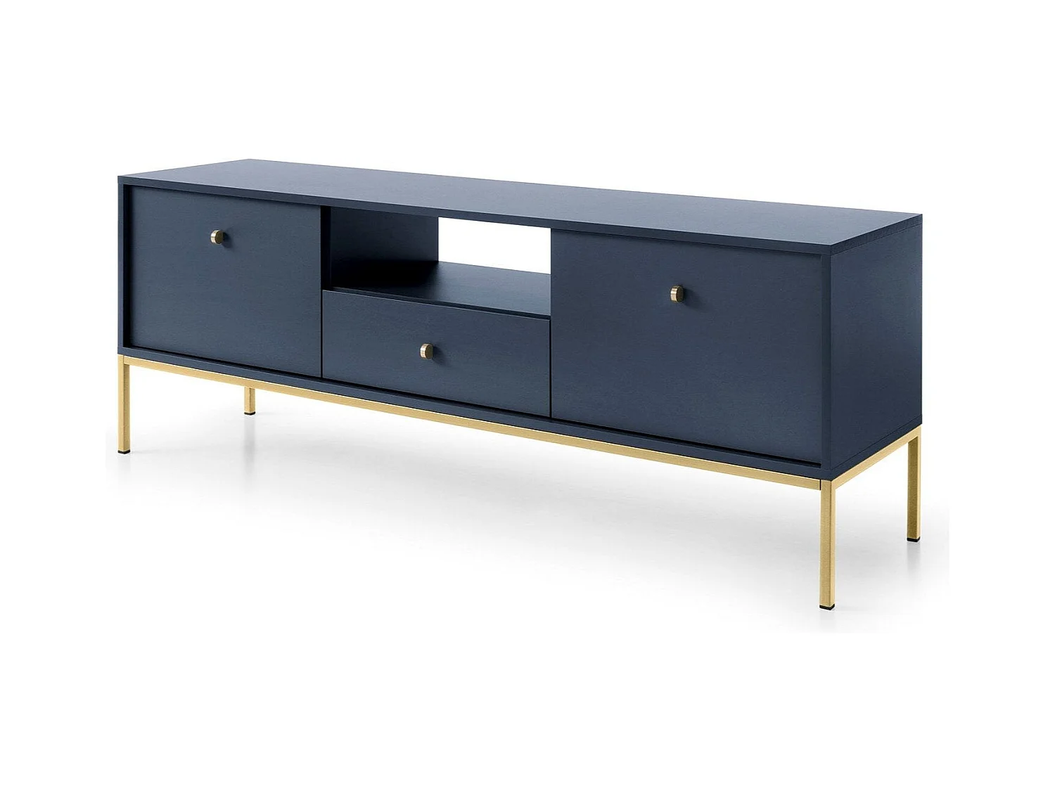 Meuble TV 2 portes, 1 tiroir avec pieds en métal doré, 154x56 cm