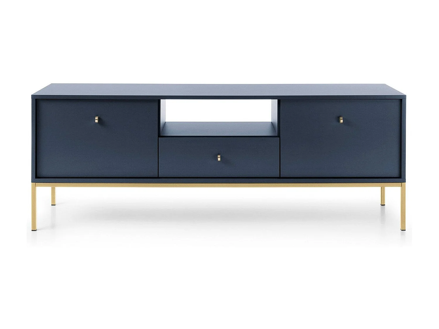 Meuble TV 2 portes, 1 tiroir avec pieds en métal doré, 154x56 cm