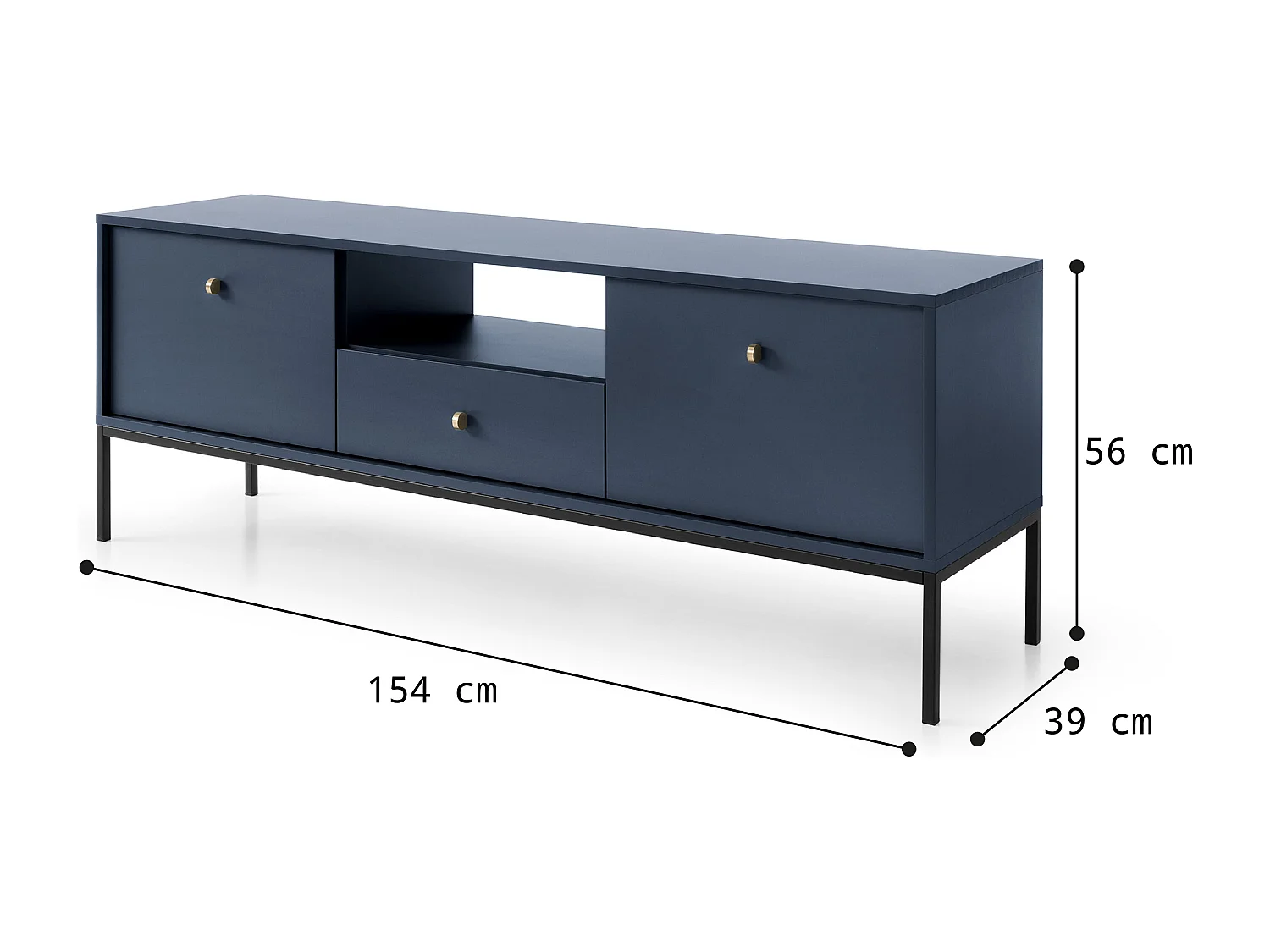 Meuble TV 2 portes, 1 tiroir avec pieds en métal doré, 154x56 cm