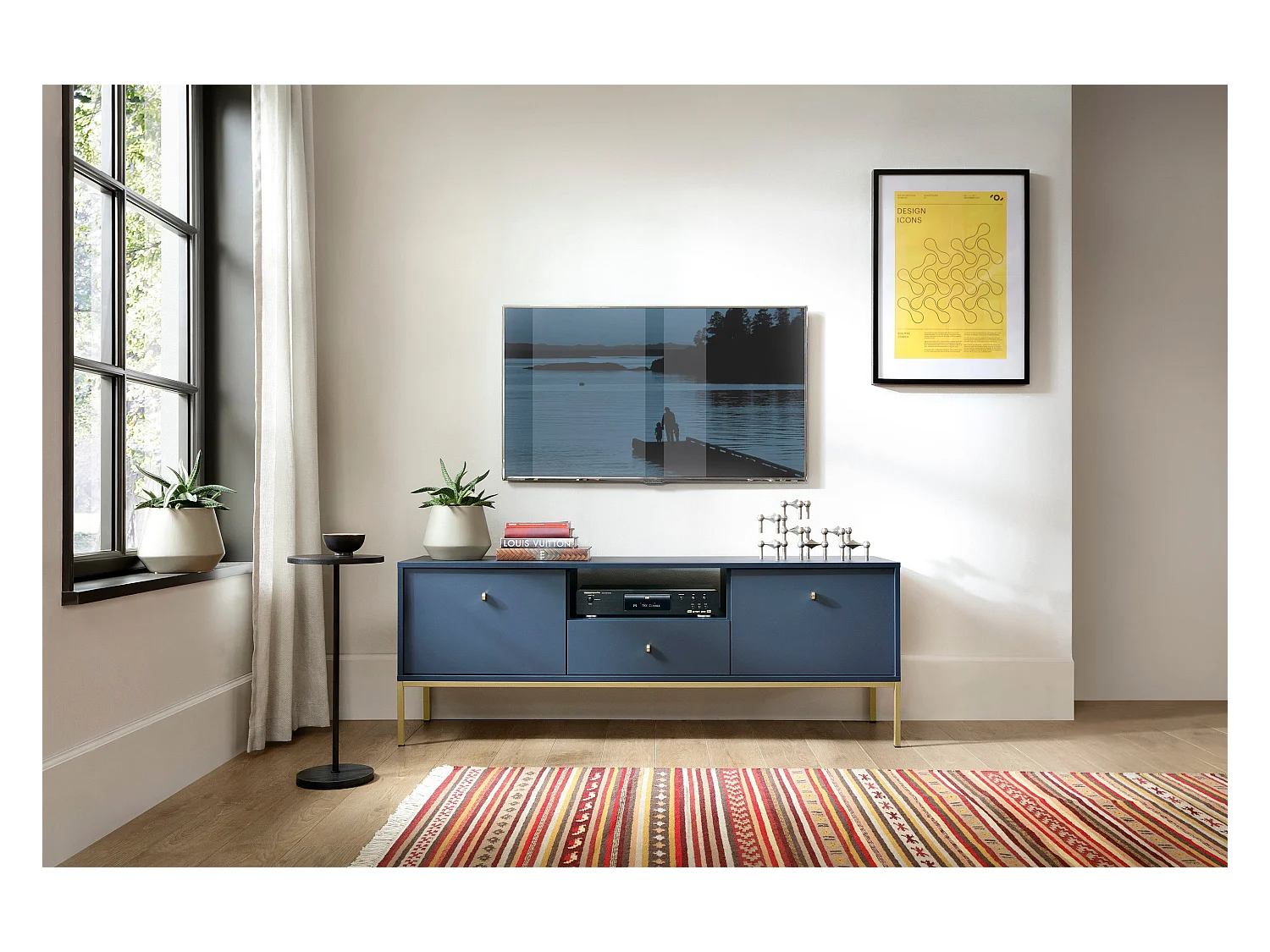 Mobile TV 2 ante 1 cassetto con piedi in metallo oro 154x56 cm