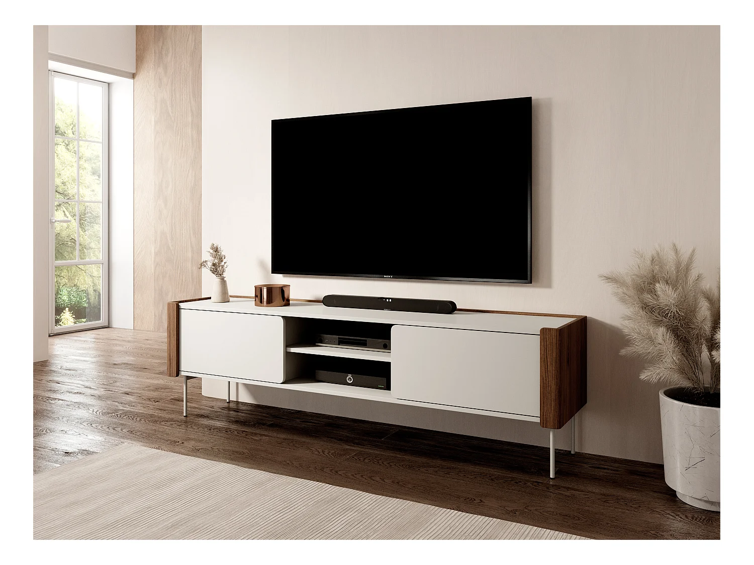 Meuble TV 2 portes, noyer et cachemire, 180x52 cm